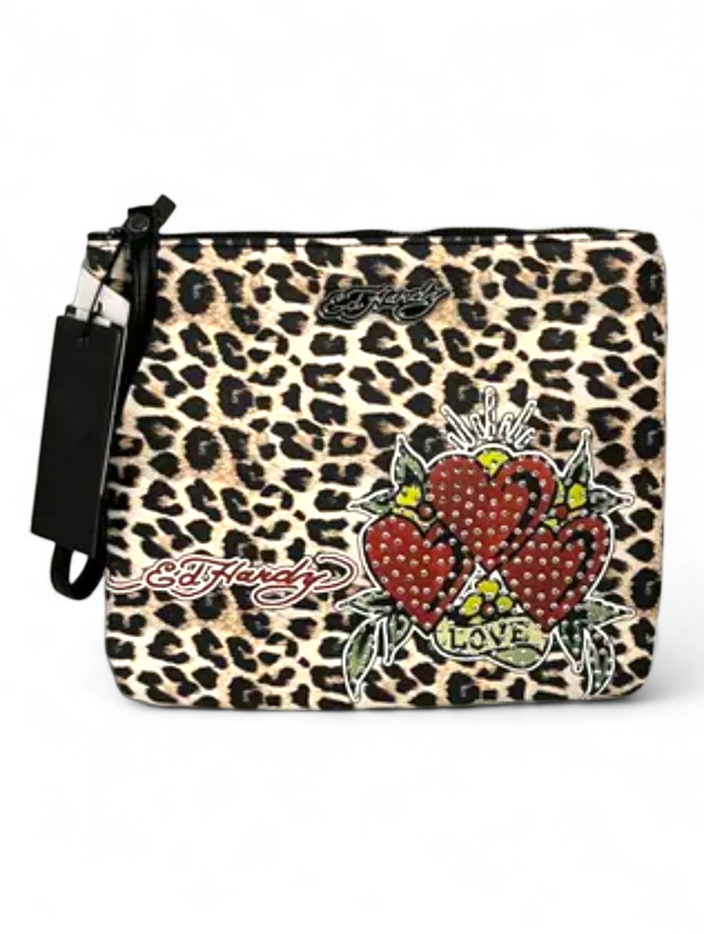 Ed Hardy Leopard‎ Hearts LOVE Wristlet Pouch Clutch Bag Cheetah Print Rhinestone